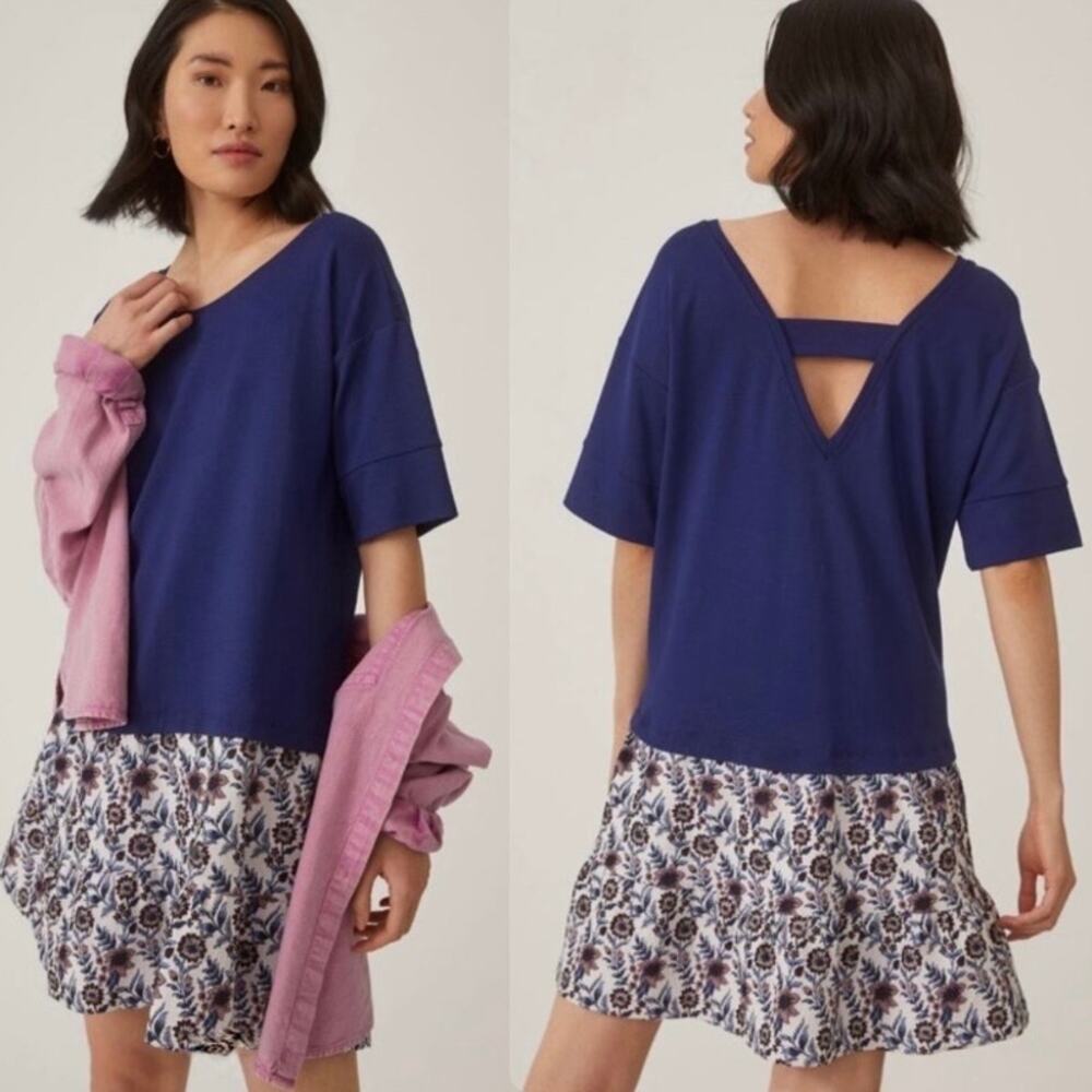 Anthropologie Oversized Floral Brocade Navy Blue Drop Waist Mini Dress SMALL
